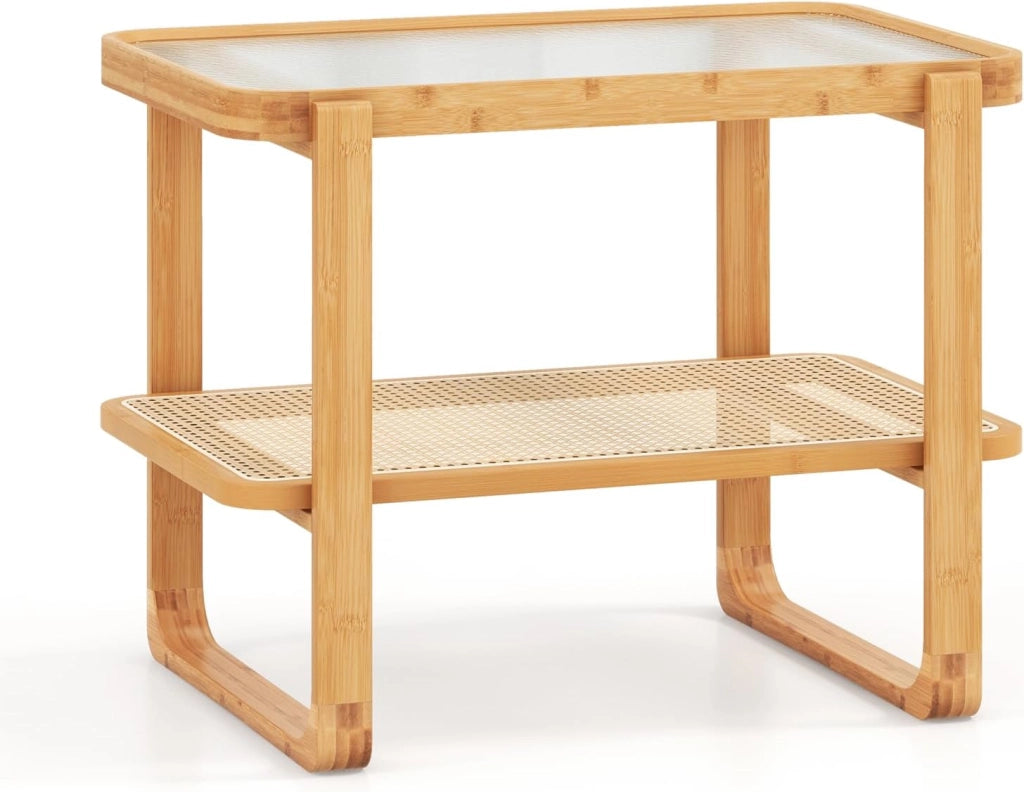 Tavolino ausiliario a 2 livelli, tavolo rettangolare laterale con piano in vetro e ripiano in rattan, comodino con cornice in bambù, per camera da letto e soggiorno, naturale