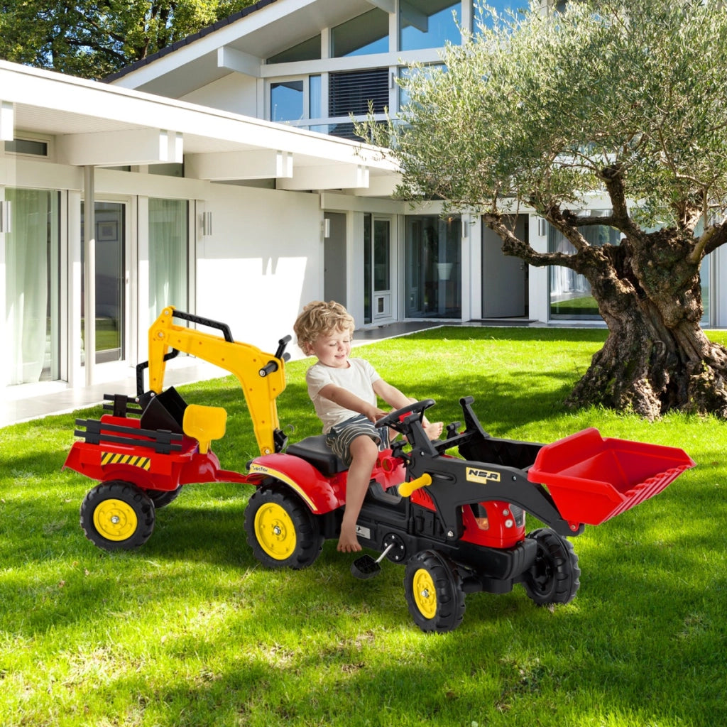 Escavatore a pedali per bambini con 6 ruote rimorchio staccabile e 2 benne, Escavatore a pedali ruspa per bambini 3-6 anni Rosso-Macchinine giocattoli