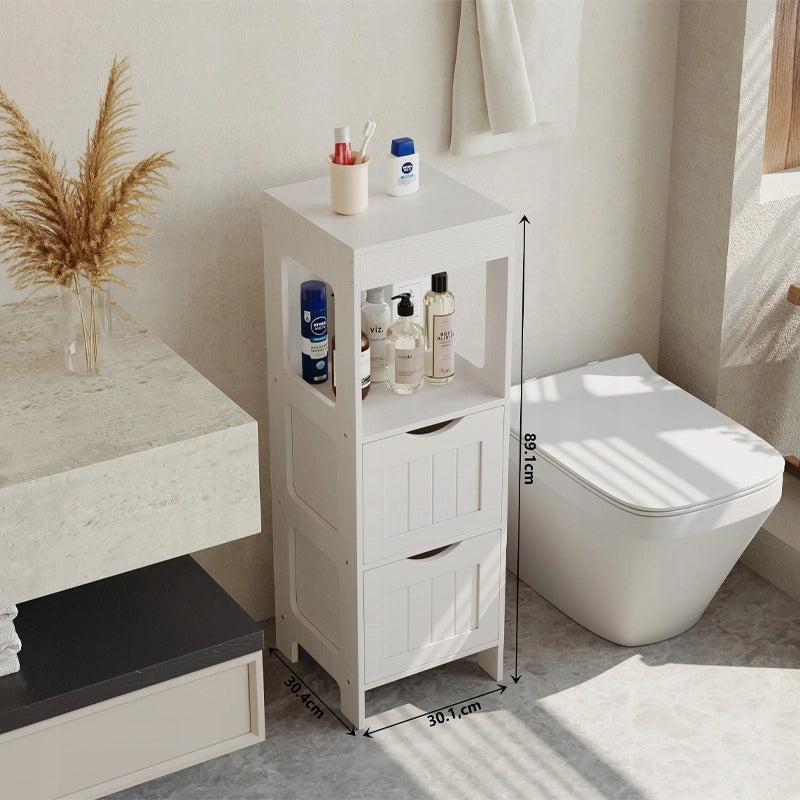 Mobile da bagno a colonna bianco con ripiani in legno 89x30x30 cm