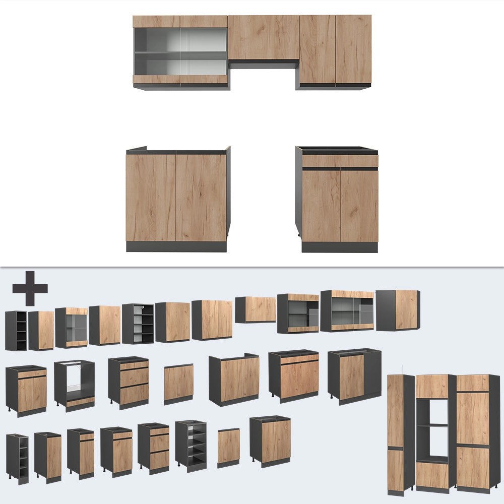 Cucina componibile R-Line Rovere dorato/Antracite 200 cm J-Shape, PL Antracite Vicco