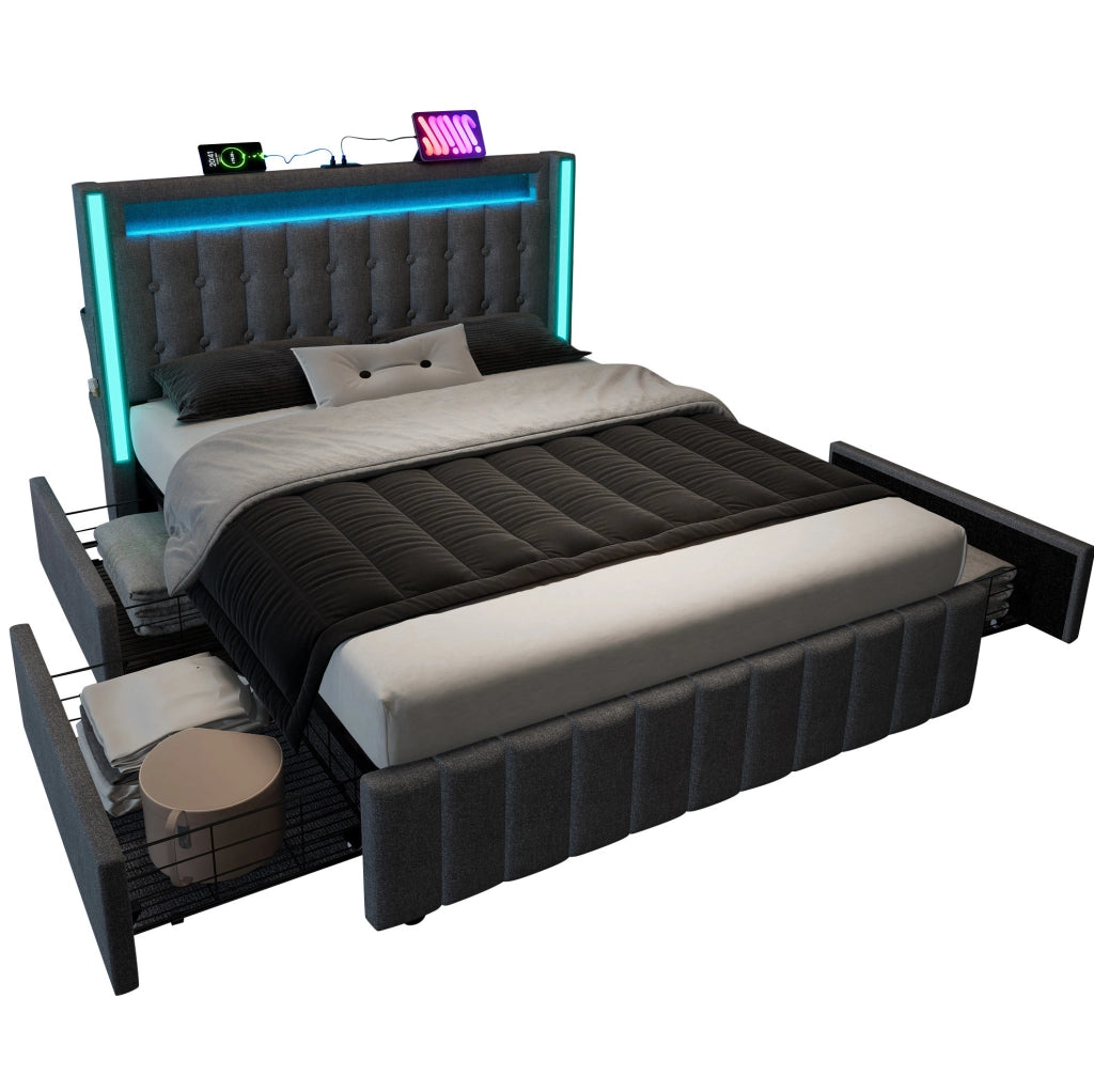 Letto matrimoniale 160x200 cm con LED; USB C e 4 cassetti; rivestimento in lino grigio