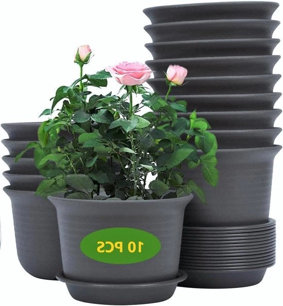 Pannelli di pianta in plastica 15 cm - 10 pezzi vasi di piante spessi - contenitore di piante con pallet di drenaggio - vaso da giardino interno (nero grigio)