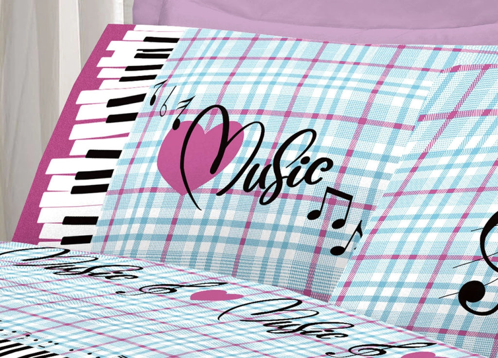 Completo Lenzuola Linea Pensieri Delicati 100% Cotone Disegno Musica - Piazza E Mezza - Rosa