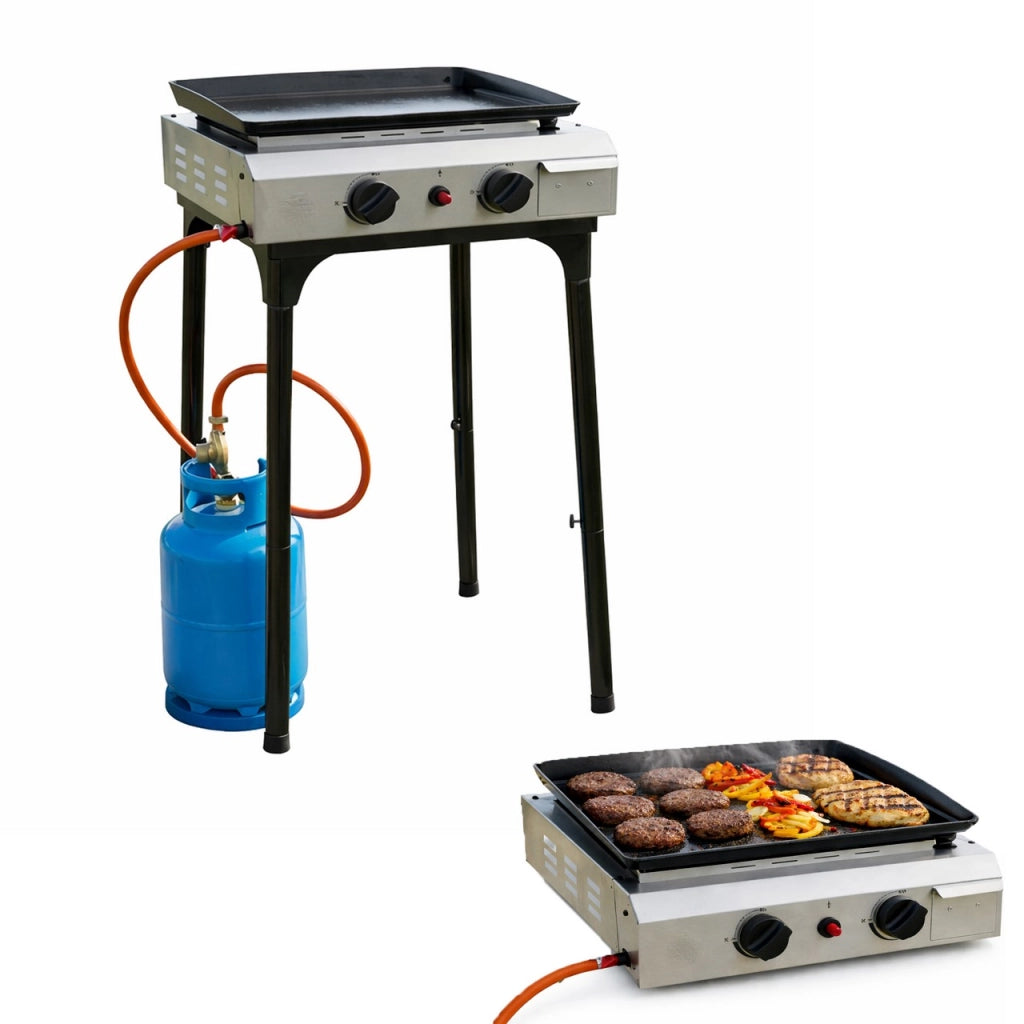 Barbecue a Gas 2 Bruciatori 2.4kW con Plancha Smaltata – Utilizzabile con Piedistallo o da Appoggio, Accensione Piezo, Piastra Rimovibile e Lavabile, Vassoio Raccogli Grasso, Portatile