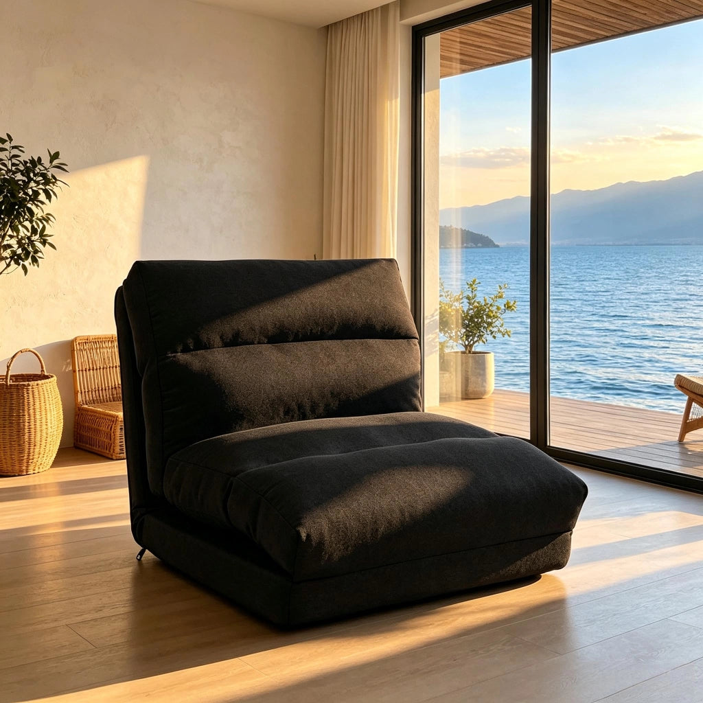 Poltrona relax trasformabile in letto con schienale reclinabile a 5 posizioni e struttura in poliestere nero