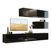 Set di mobili da soggiorno neri, sospesi collezione CEPTO XXV. 249cm, 6 pezzi, led, modulari.
