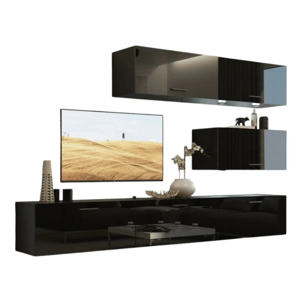 Set di mobili da soggiorno neri, sospesi collezione CEPTO XXV. 249cm, 6 pezzi, led, modulari.