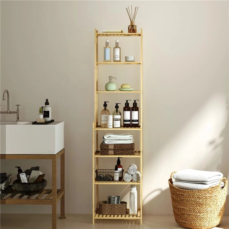 MOBILE SCAFFALE BAGNO A 7 RIPIANI PORTAOGGETTI IN BAMBÙ 44X33X180 CM COLOR LEGNO