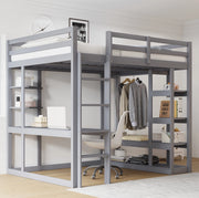 Letto a soppalco 140x200 cm in legno grigio con scrivania; armadio e ripiani