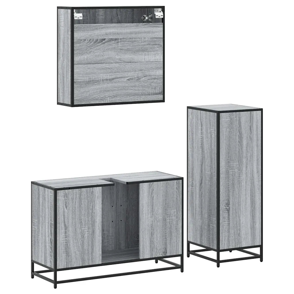 Set Mobili da Bagno | Armadio da bagno 3 pz Grigio Sonoma in Legno Multistrato