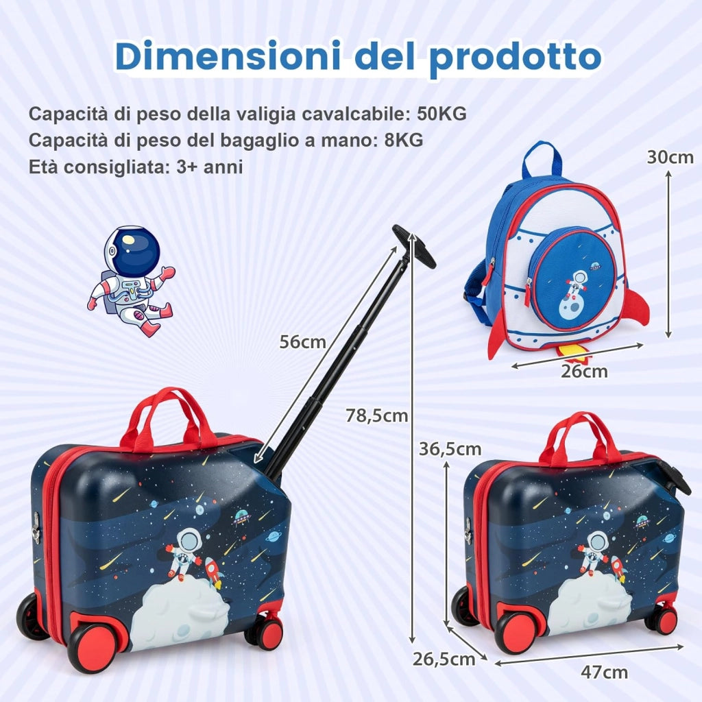 Valigia Cavalcabile per Bambini, 18" Valigia+ 12" Zaino,2 Pezzi, Trolley Bambini Bagaglio a Mano con Ruote Girevoli e Maniglia Retrattile, 2 Cingie Multiuso (Modello 4)