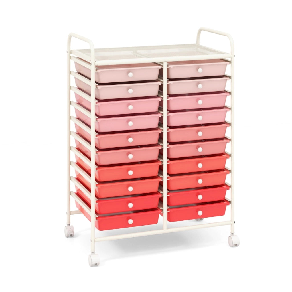 Carrello cassettiera multiuso e leggero con 20 cassetti, Contenitore con ruote per ufficio e casa Rosa