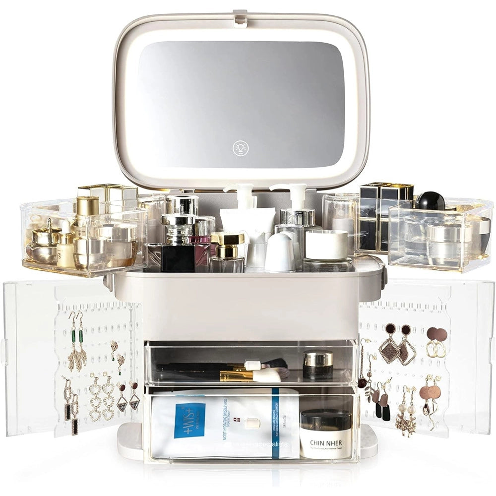 Trade Shop - Organizer Beauty Case Porta Trucco Accessori Gioielli Con Specchio Led Cassetti -