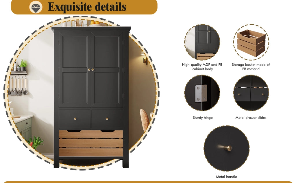 Mobile Buffet da Cucina con 2 Ante e 5 Cassetti ¨C Xylo ¨C Nero/Bianco, 80x40x140 cm