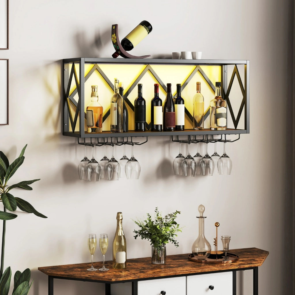 Portabottiglie da parete con striscia LED a 16 colori e 6 portabicchieri, Mensola espositiva in metallo Marrone e Nero-Portabottiglie