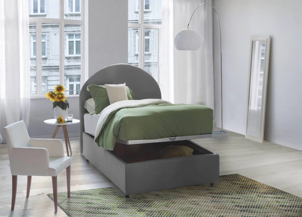 Letto singolo Amantea, Letto contenitore con rivestimento in tessuto, Made in Italy, Apertura frontale, adatto per materasso cm 80x190, Grigio