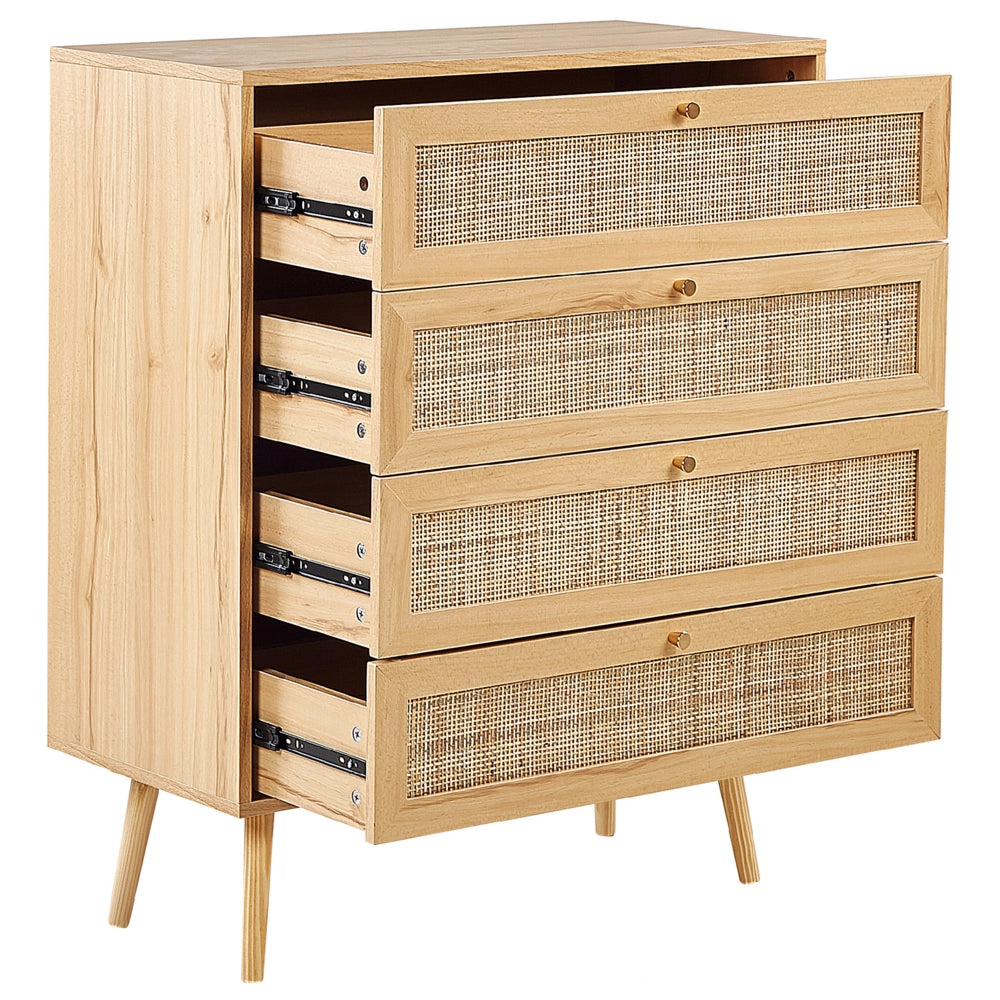 Cassettiera con 4 cassetti in rattan in colore marrone chiaro stile boho soggiorno camera da letto