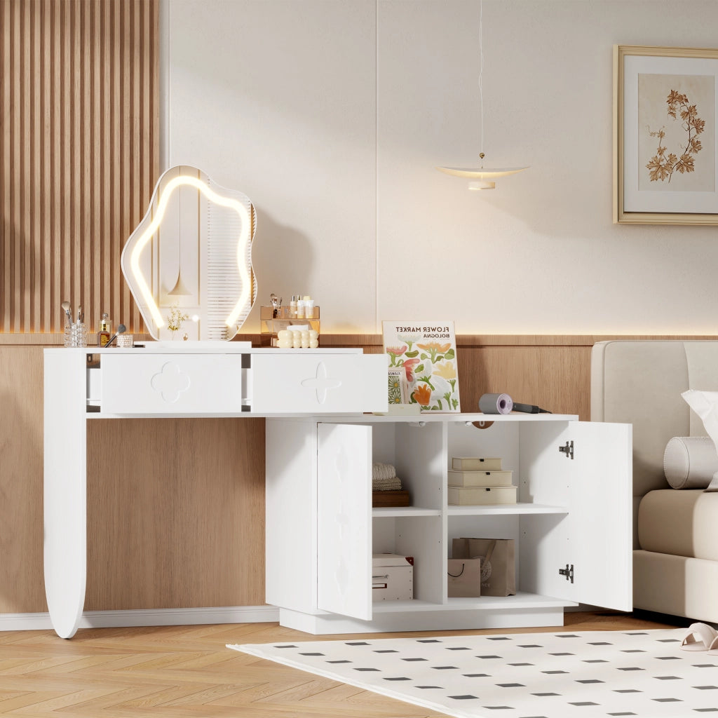 Tavolo da toeletta con specchio LED; temperatura luce regolabile 3 livelli; 2 cassetti e mobiletto con 4 scomparti; Bianco; 160×40×132cm