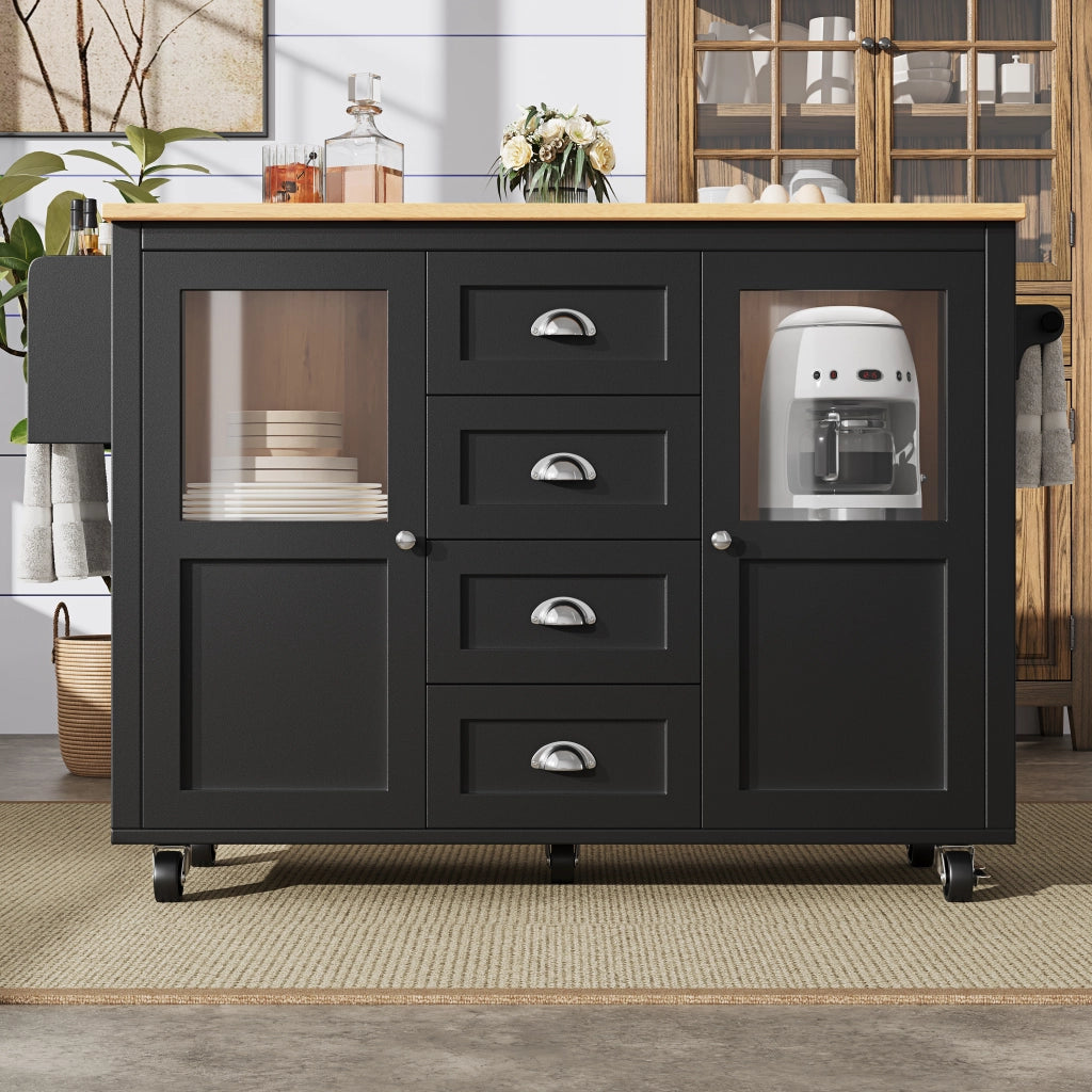 OKWISH Carrello da Cucina con 2 Ante e 4 Cassetti, Piano Pieghevole, Portaasciugamani, per Cucina, Nero