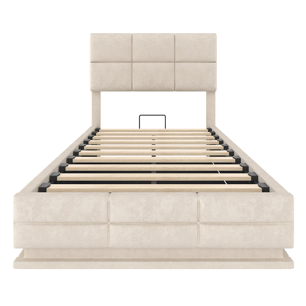 Letto 90x200cm imbottito - Xylo - velluto beige USB idraulico LED