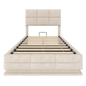 Letto 90x200cm imbottito - Xylo - velluto beige USB idraulico LED