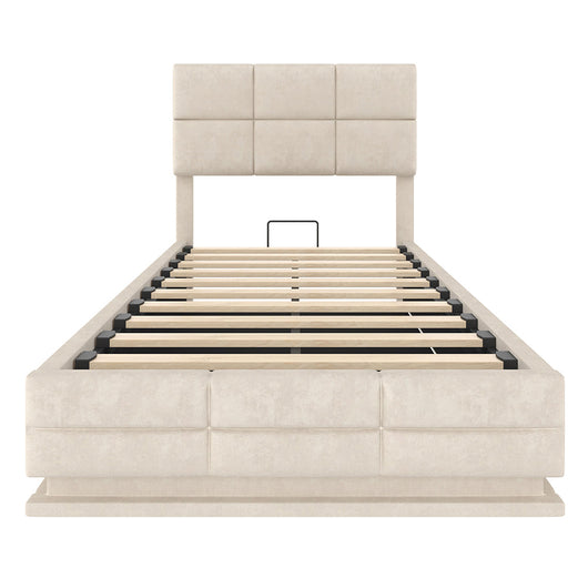 Letto 90x200cm imbottito - Xylo - velluto beige USB idraulico LED