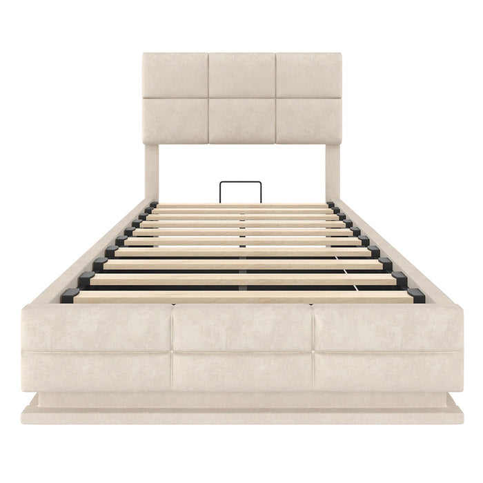 Letto 90x200cm imbottito - Xylo - velluto beige USB idraulico LED