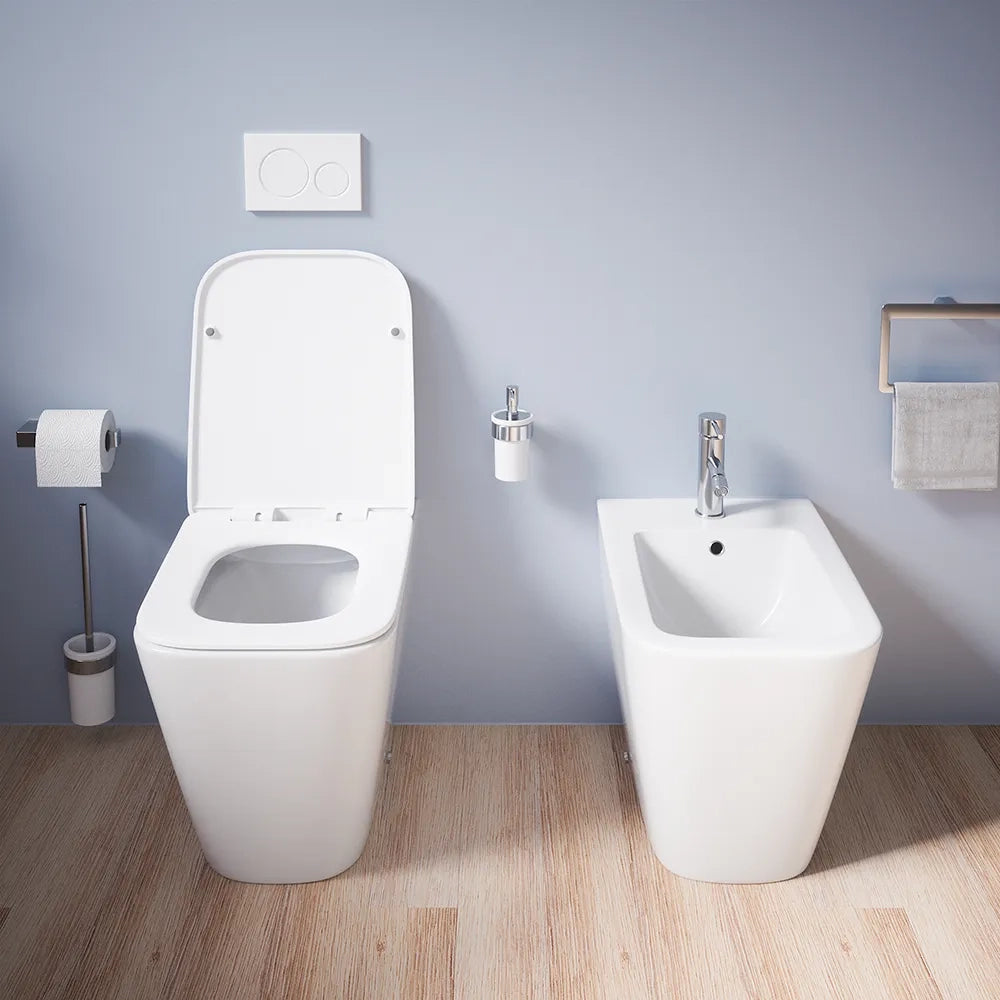 Sanitari filomuro in ceramica bianco lucido vaso rimless sedile soft-close e bidet | Kyoto