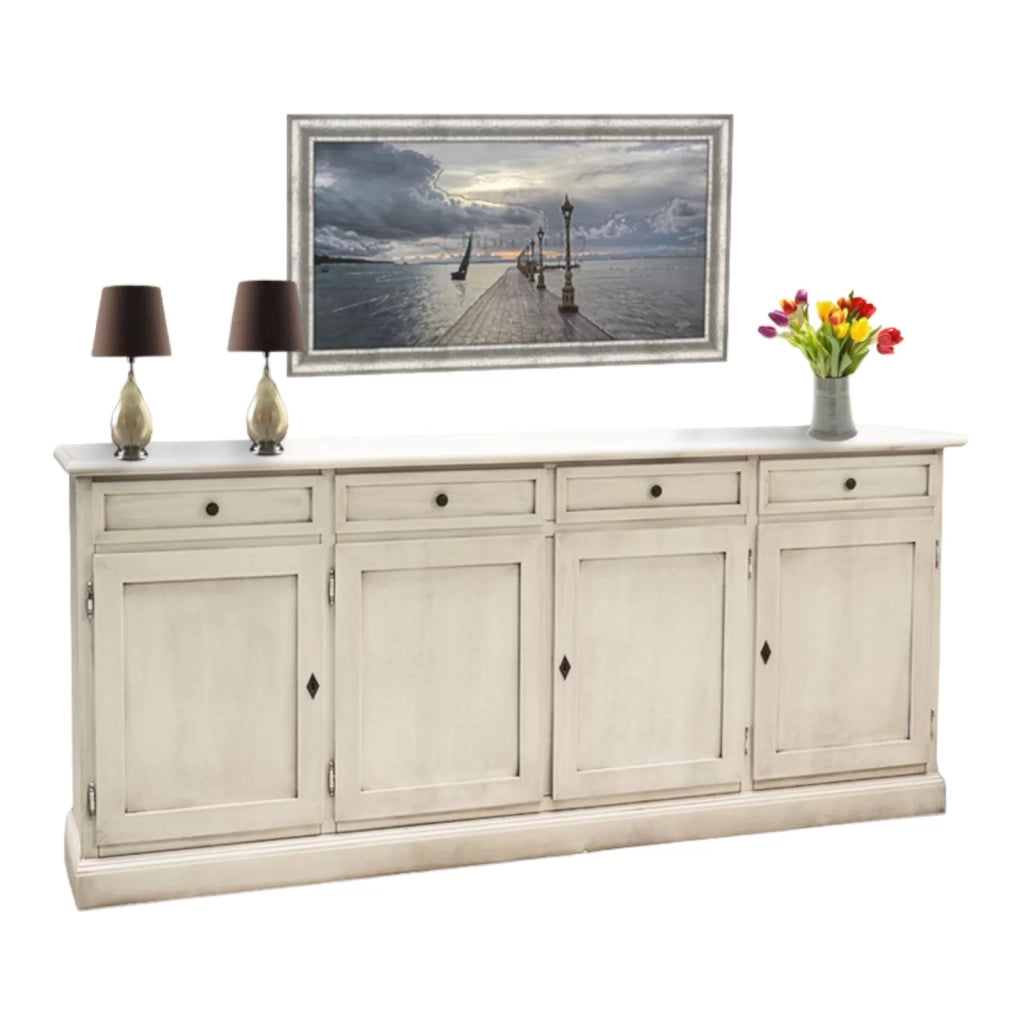 Madia shabby chic bianca in legno 4 porte, bianco invecchiato 205x42x85 - Mobili 2G