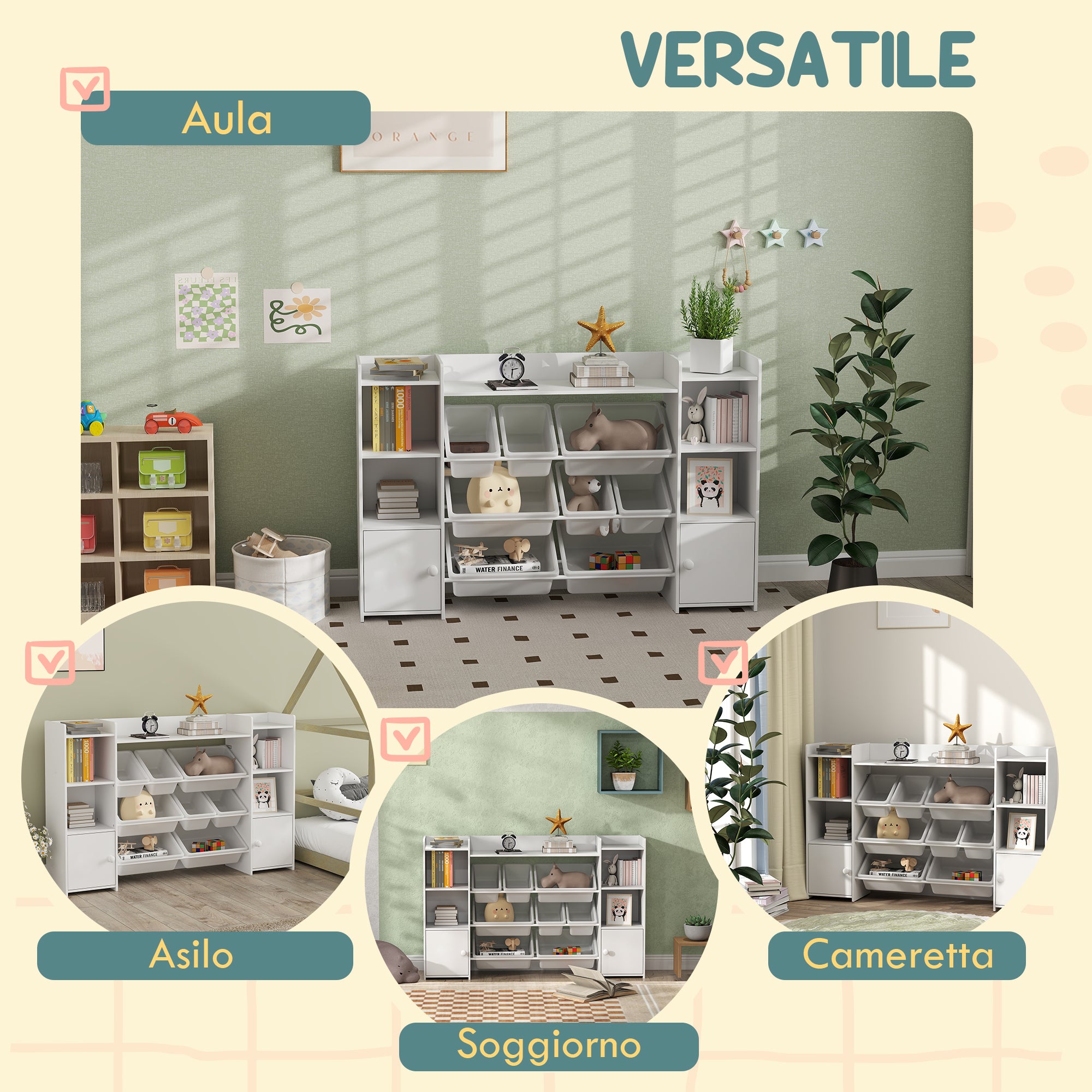 Scaffale Portagiochi per Bambini 140x30x90 cm con 8 Contenitori Rimovibili e Armadietti in MDF Bianco
