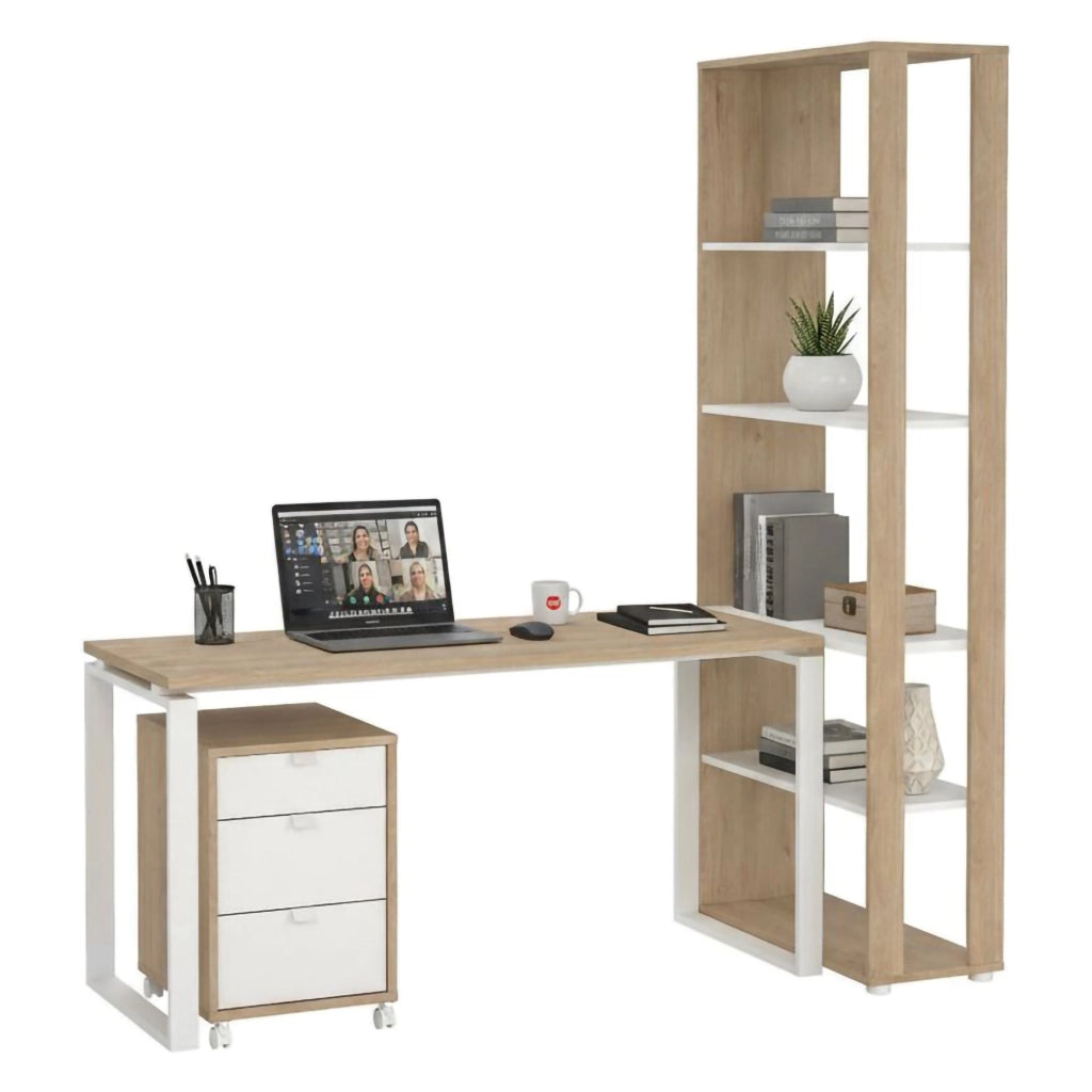 Scrivania Etienne, Scrittoio multiuso, Tavolo per ufficio porta PC, Piano di lavoro, 184x80 h205 cm, Rovere e Bianco