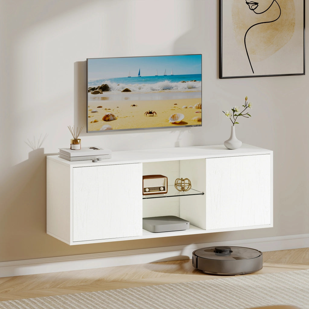 Mobile Porta TV fino a 55" Sospeso o a Terra,Ante Soft Close-Credenza  per TV,Foro Passacavi e Ripiano in Vetro,Bianco