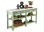 Bancone 4 cassetti 2 ripiani shabby verde in legno massello 200x50x105 - Mobili 2G