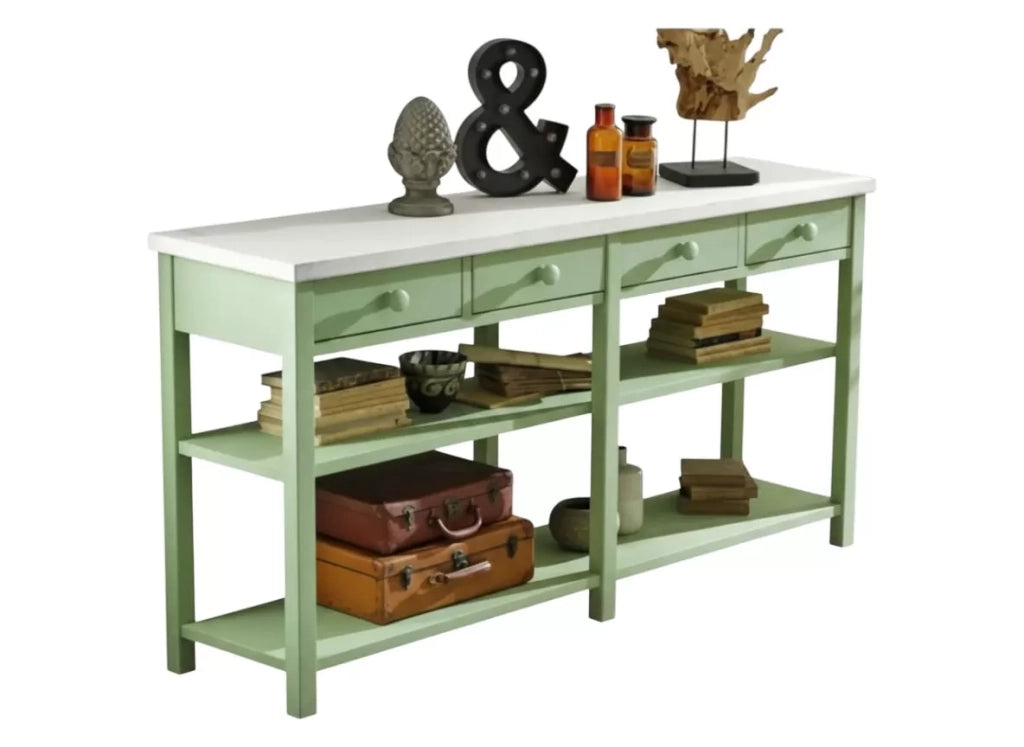 Bancone 4 cassetti 2 ripiani shabby verde in legno massello 200x50x105 - Mobili 2G