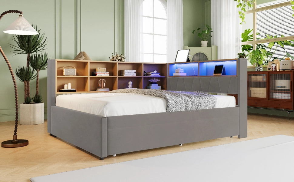 DESMIU Divano letto 140 × 200 cm 2 posti con LED, USB, Type-C e presa, senza materasso, in flanella grigio scuro