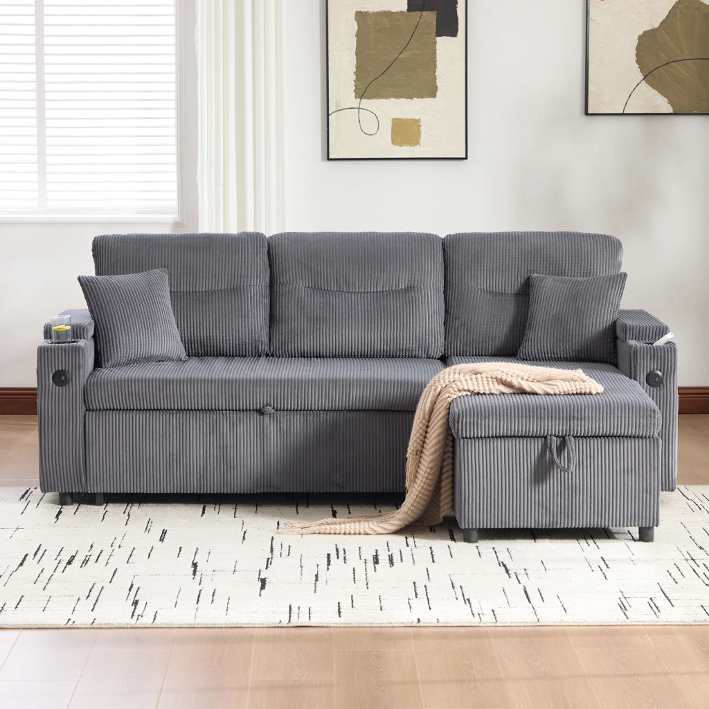 Divano letto con chaise longue contenitore USB C e portabicchiere in velluto a coste grigio carbone 212,5 × 136 × 86 cm