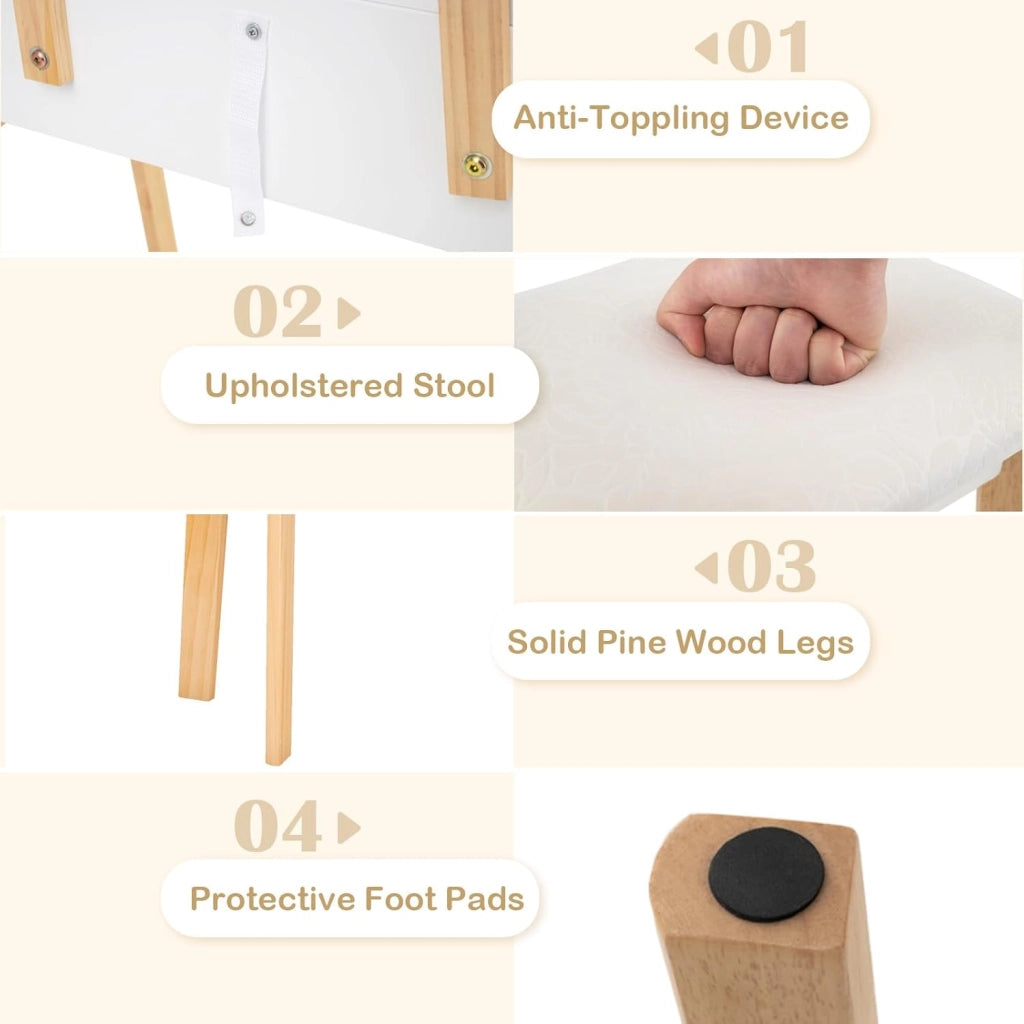 Set da toeletta compatto con sgabello imbottito, specchio illuminato in 3 colori e 3 cassetti, tavolo da trucco con altezza regolabile, 64 x 40 x 130 cm, bianco