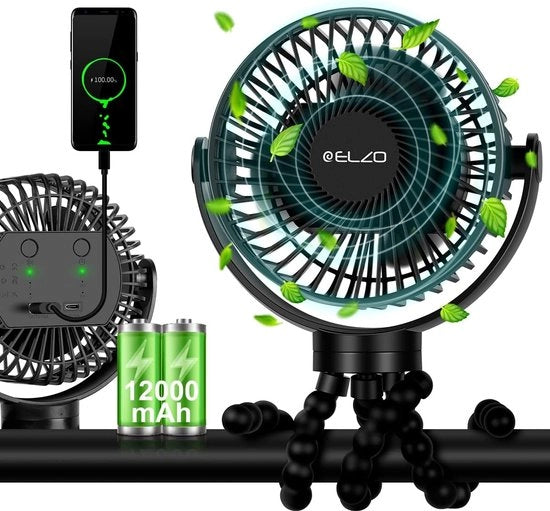 Ventilatore portatile per passeggino con 3 velocità e batteria ricaricabile 12000 mAh - Silenzioso e girevole 360 gradi - Per passeggino, ufficio, auto e campeggio