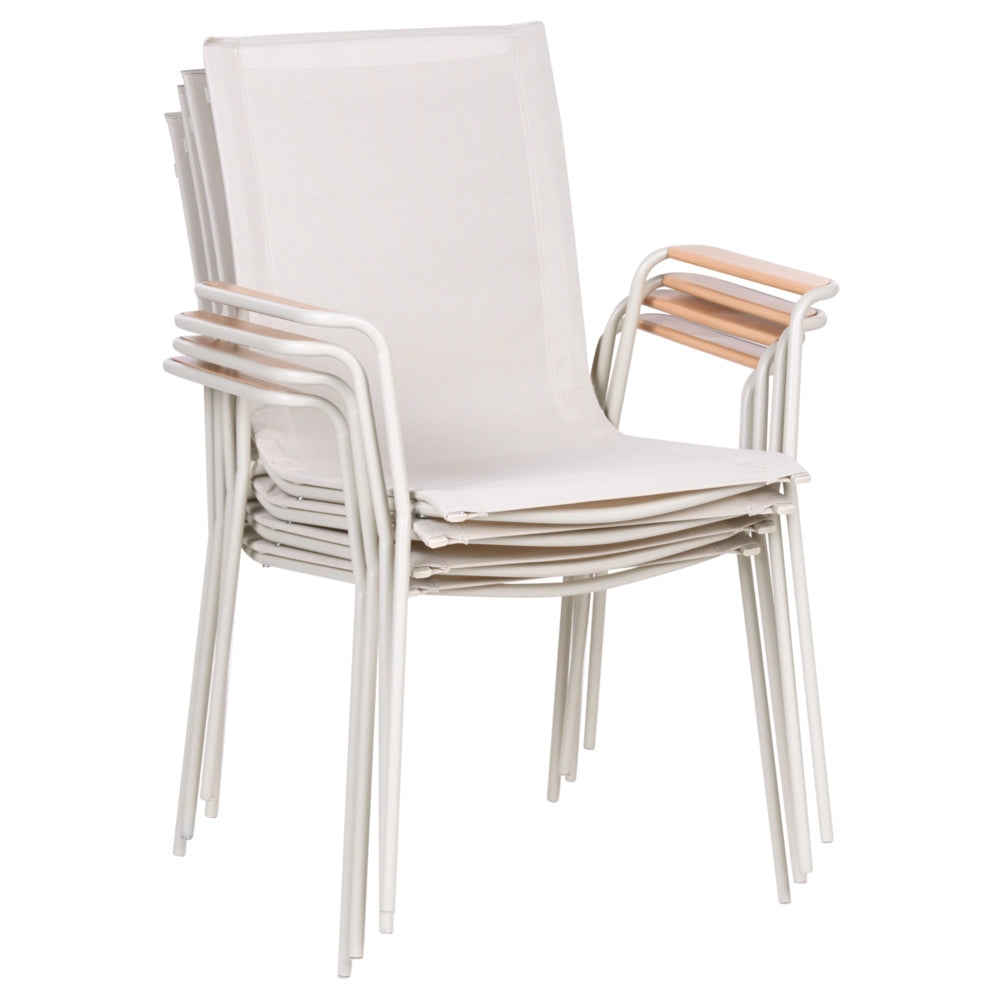 Set di 4 sedie da giardino con struttura in acciaio color beige chiaro, seduta e schienale in rete, verniciate a polvere, resistenti ai raggi UV e all'acqua, impilabili