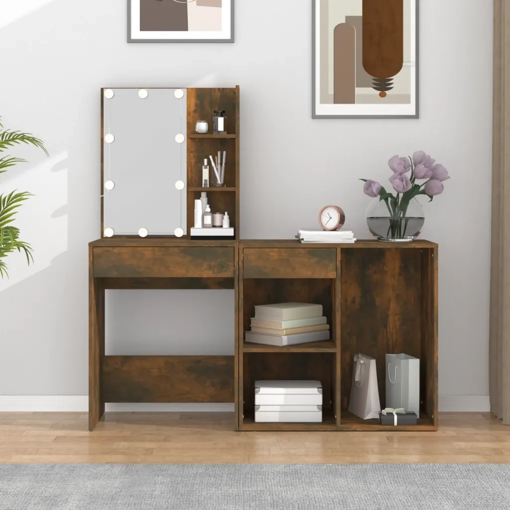 Toeletta con LED e Armadietto Rovere Fumo in Legno Multistrato 3120185