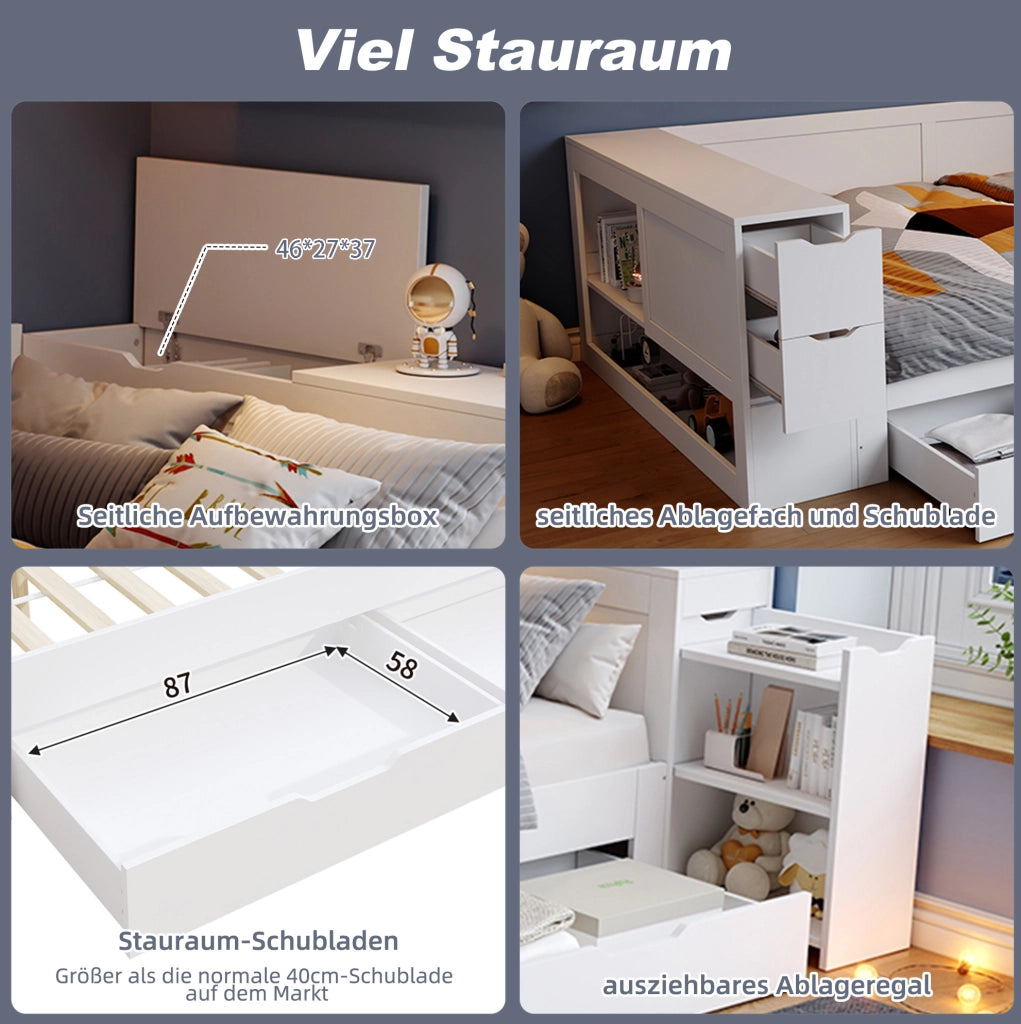 Letto per bambini 90x200 cm con cassetto; contenitore e comodino; MDF bianco