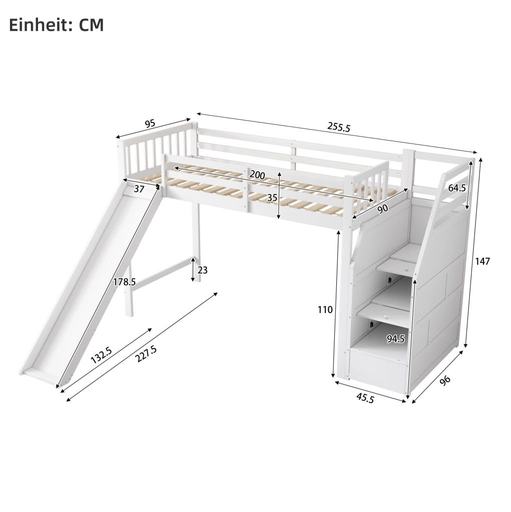 Letto a soppalco per bambini 90x200 cm con scivolo bianco