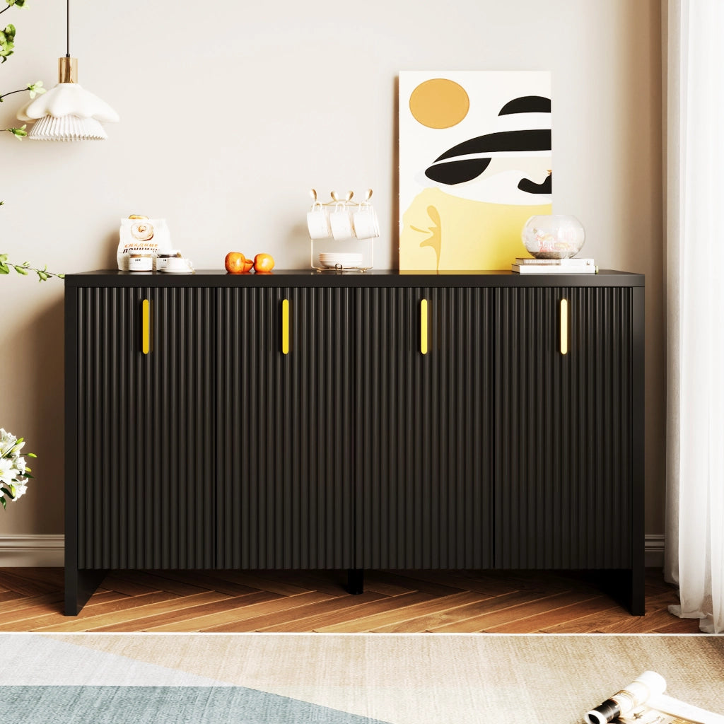 Credenza con 4 Ante e Ripiani Regolabili; Maniglie Dorate; Stile Moderno; in Pannello Truciolare; 140??38??80 cm; Nero