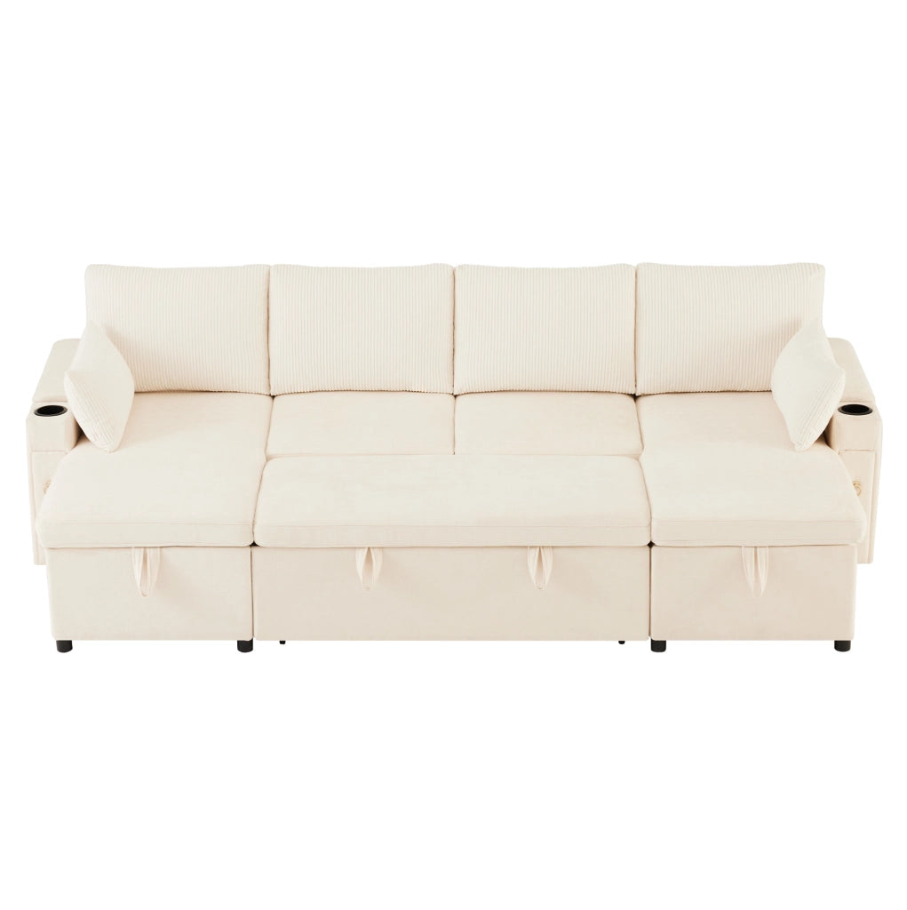 Divano letto modulare a U 4 posti con portabicchieri, contenitore e cuscini, beige, 272x131x84 cm
