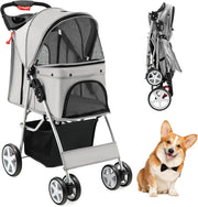 Passeggino per Cani, Carrozzina per Cani Pieghevole Fino a 15 kg, 4 Ruote con Finestra a Rete Porta Bicchiere e Cesto, Passeggino Portatile per Animali Piccola e Media (Grigio)