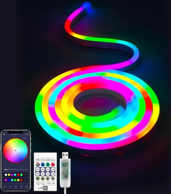 Striscia LED Neon 2 metri Acqua Resistente - Sincronizzazione Musica Giochi - Regolazione RGBIC Con App e Telecomando
