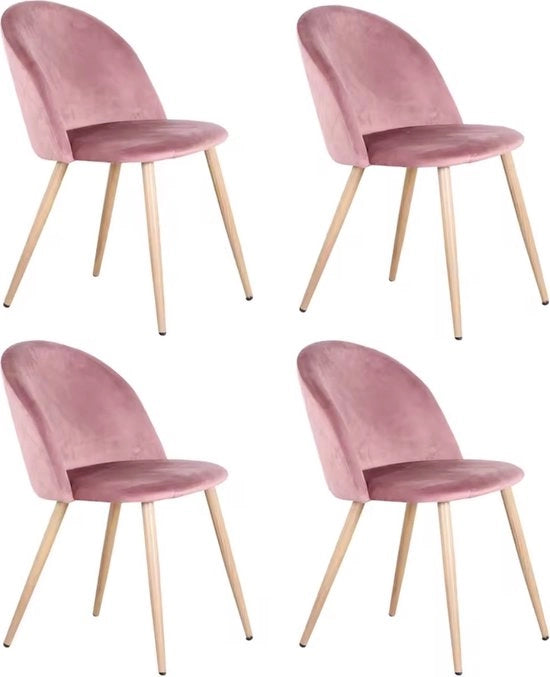 Sedia da pranzo - Set da 4 - Sedia da pranzo in velluto - Sedia - Sedia da tavola da pranzo - 4 pezzi - Piede in legno - Rosa