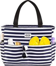 Borsa da spiaggia grande per donne con chiusura a raccordo impermeabile, borsa da bagno XXL per famiglie, borsa da spiaggia da donna blu a strisce 45 x 17 x 38 cm