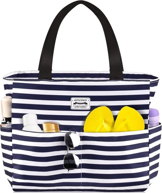 Borsa da spiaggia grande per donne con chiusura a raccordo impermeabile, borsa da bagno XXL per famiglie, borsa da spiaggia da donna blu a strisce 45 x 17 x 38 cm