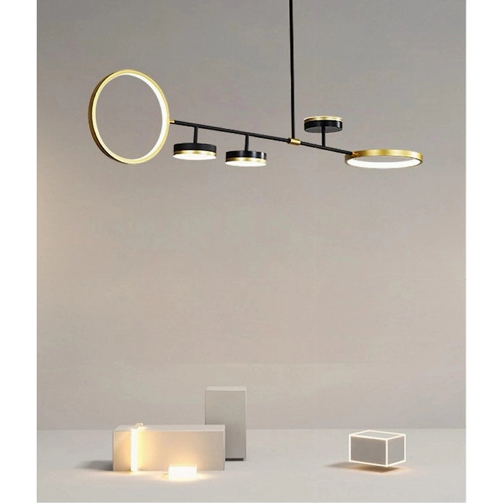 Trade Shop - Lampadario A Sospensione Led 37w Con 5 Cerchi Orizzontale Nero Oro Luce Naturale 71354 -